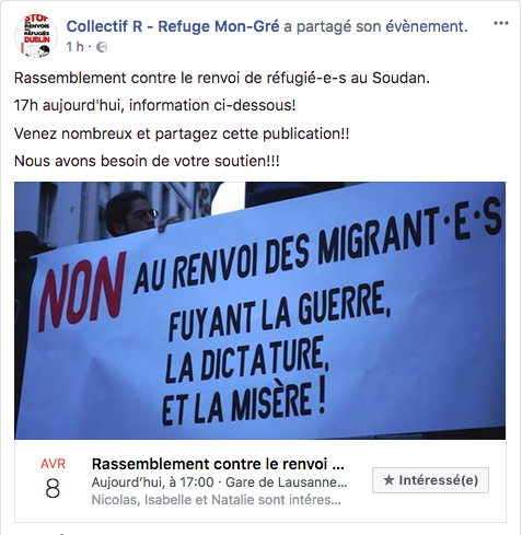 Vols spéciaux pour le Soudan: manif de ce soir à 17h à Lausanne !