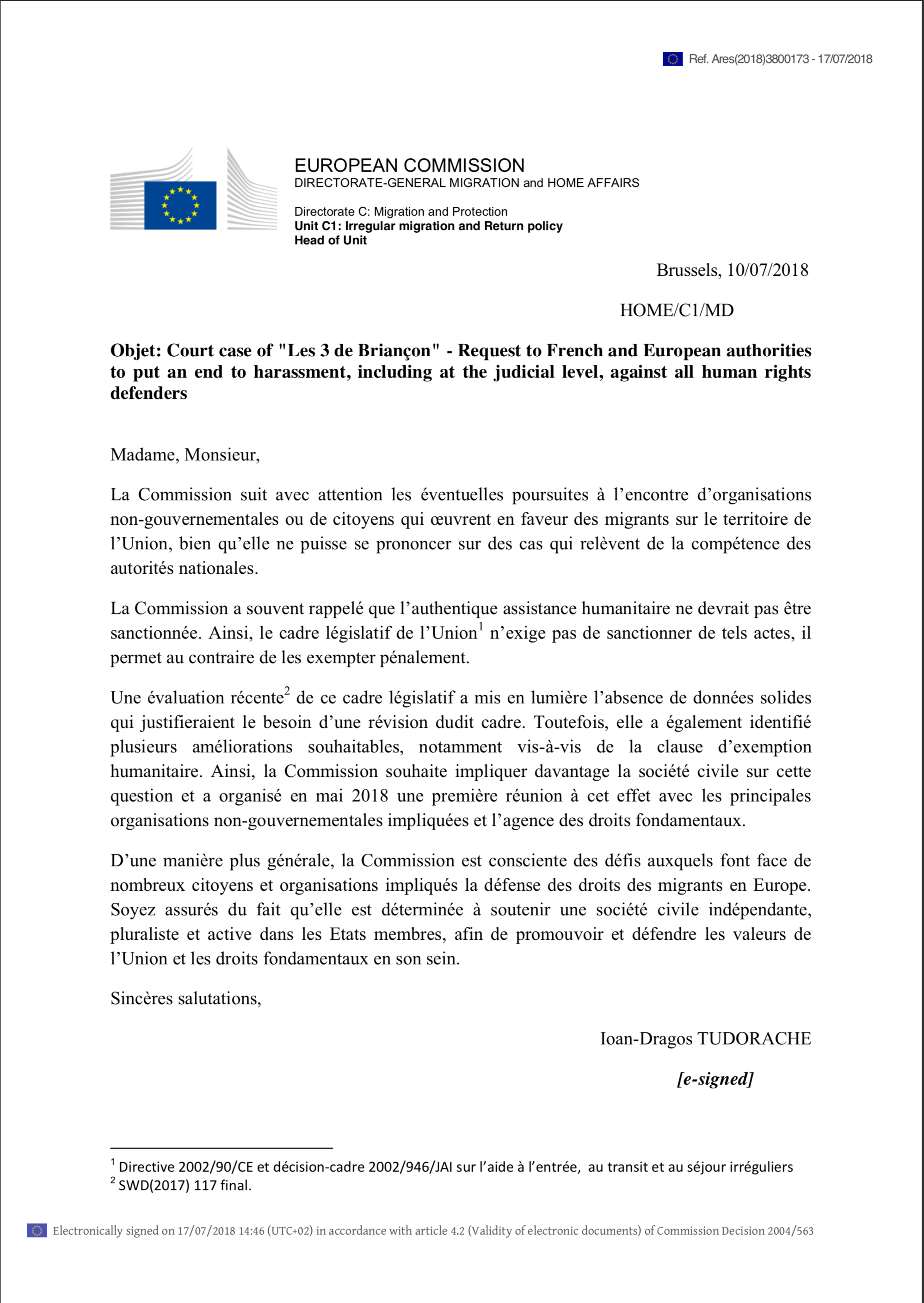 Lettre de la Commission euorpéenne